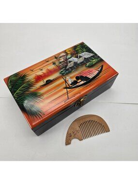 Handcrafted Wooden Jewelry Box Japan Scenic Painting & Bamboo Comb JE128